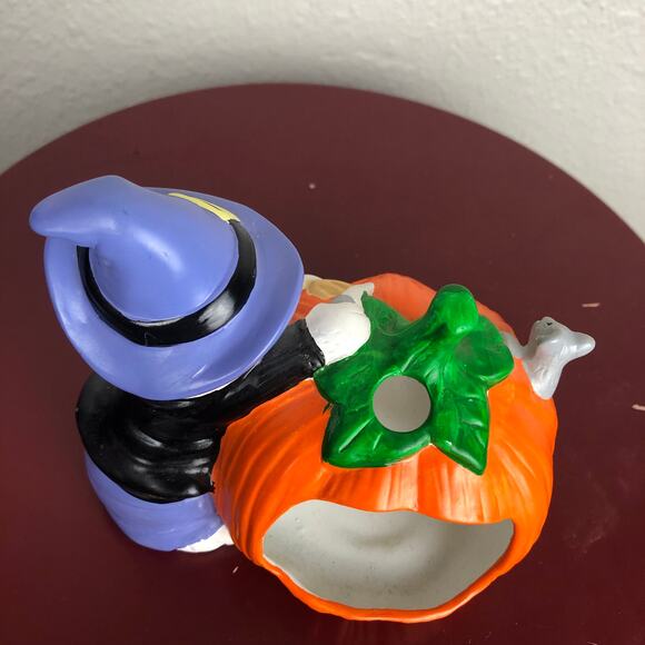 Vintage Hand Painted Halloween White Cat & Pumpkin Figure Decor - Picture 9 of 13